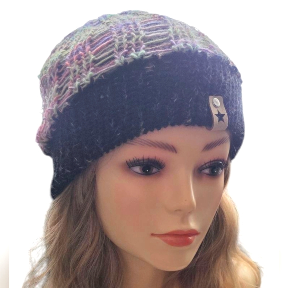 Handmade knitted beanie toque knit mesh overlay vegan leather tag slight slouch